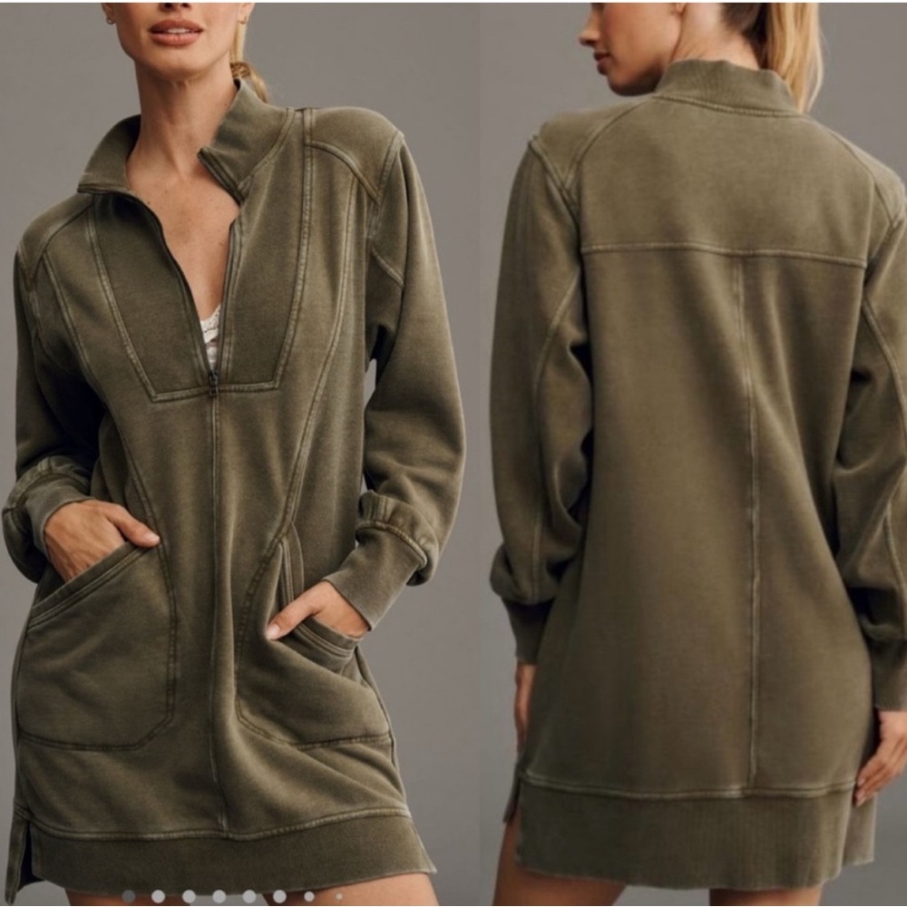 Daily Practice by Anthropologie Meru Zip-Front Mini Dress Forest Green Sz S EUC